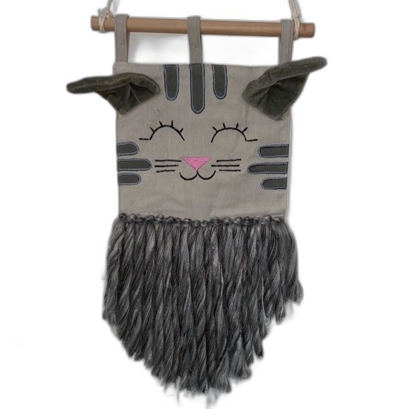 CAT Wall Hanging Textured Animal Natural Room Decor Gray Kitten Wall Art boho - Picture 1 of 10